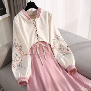 Women Fashion Hanfu Set Chinese Female Floral Embroidery Hooded Sweatshirt Coat Sling Dresses Two Piece Suit Spring