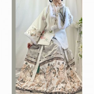 3 Colors Gorgeous Ming Dynasty Women Hanfu Dresses Set Thicken Velvet Chinese Coat Elegant Shirt Flower Printed Horse Face Skirt