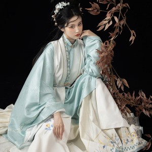 3Pc Original Ming Dynasty Cyan Hanfu Dresses Set Women Embroidered White Long Vest Coat Cyan Gown Classic Horse Face Skirt