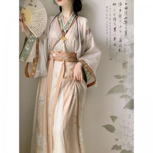 3Pc WeiJin Dynasty Beige Women Hanfu Dresses Set Improved Chinese Wide Sleeve Coat Soft Shirt Vintage Flower Printed Skirt