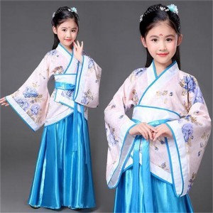 Traditional Chinese Hanfu Women Dancing Clothing White Classic Dresses Folk Dance Costumes For Kids Girls Children Child Red Blue