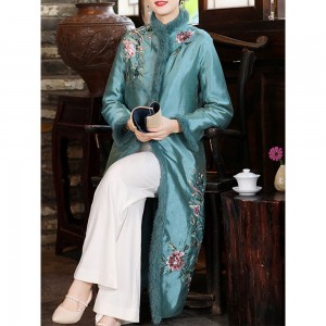High end Elegant Fine Embroidery Cyan Cheongsam Traditional Chinese Fluff Edge Long Cotton Women Hanfu Robe Casual Gown