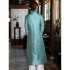 High end Elegant Fine Embroidery Cyan Cheongsam Traditional Chinese Fluff Edge Long Cotton Women Hanfu Robe Casual Gown