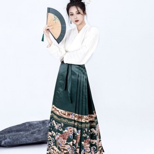 Ming Dynasty Horse Face Skirt Beige Aircraft Sleeve Top for Women Black Blue Red Green Chinese Hanfu 2PCS Sets