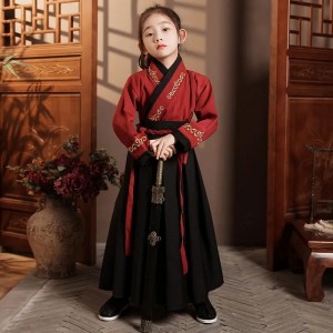 Ancient Hanfu Wuxia Boys Girls Chinese Embroidery Costumes Black Red Performance Clothes 2PCS Full Sets