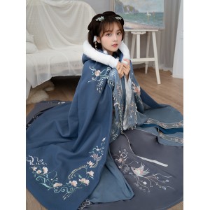 Women Hanfu Cloak Winter Warm Blue Coat Chinese Thick Overcoat Hooded Ancient Traditional Cosplay Ladies Clothing