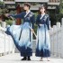 Chinese couple CP Hanfu men women cross neck embroidery two piece set of gradient printing student class clothing