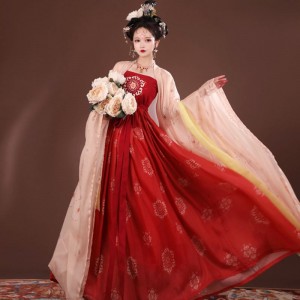 2 Pcs Ancient Chinese Hanfu Women Fairy Cosplay Costumes Dance Dresses Party Outfit Tang Dynasty Red Dresses Sets
