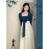 Chinese Hanfu women French Vintage Elegant Pearl Square Neck High Waist Skirt Daily Imporved Hanfu Dress